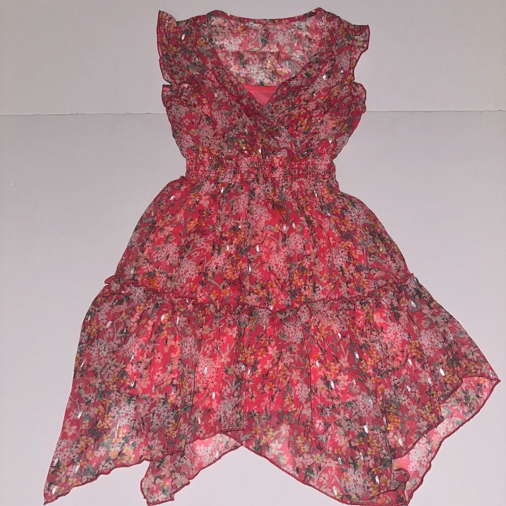 Zunie Girl Dress Sz 7 Pink Floral Mesh Overlay Handkerchief Hem Easter Wedding